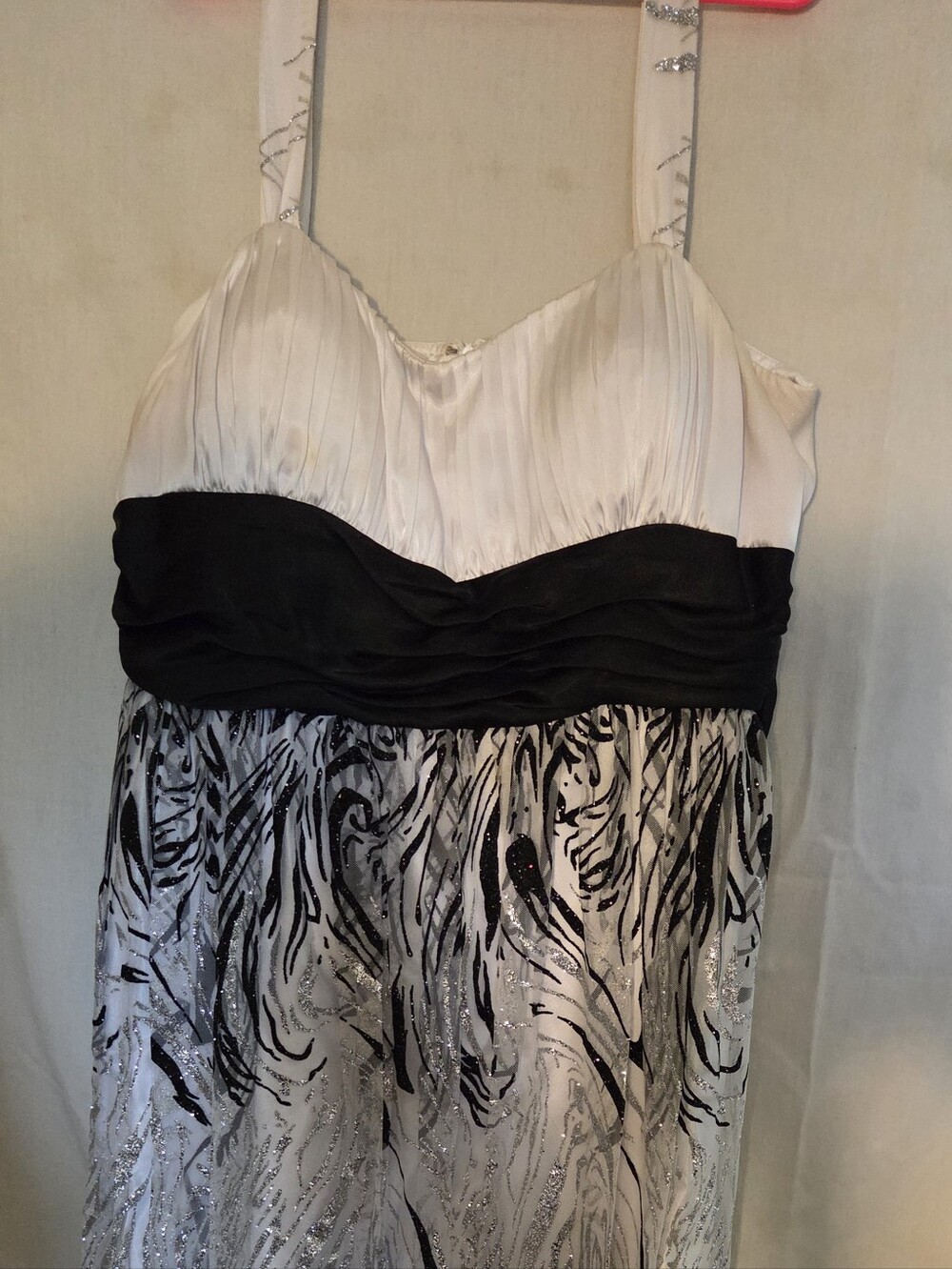 Black and White Strapless Glitter Evening Dress